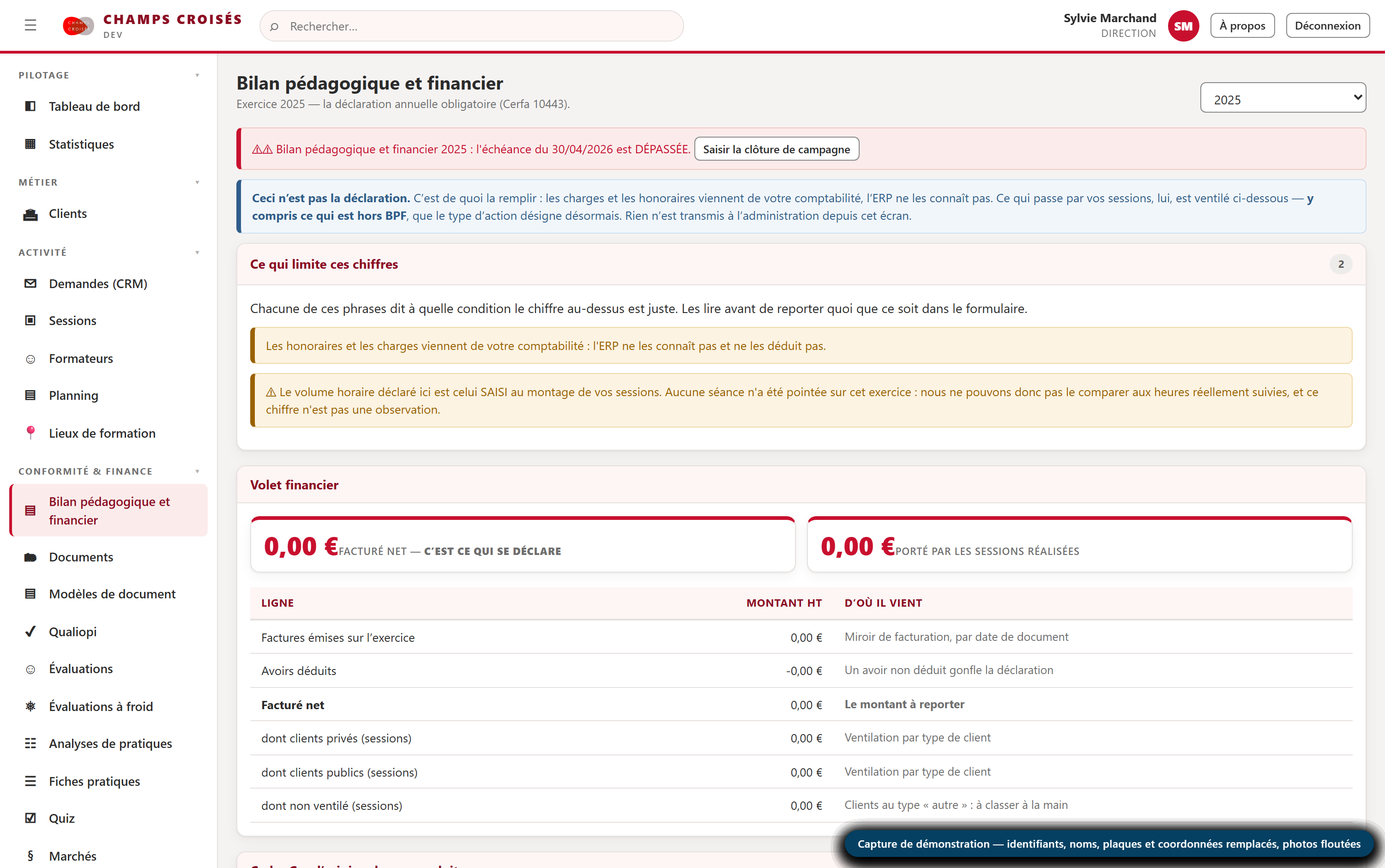 Bilan pédagogique et financier — Le BPF, déclaration annuelle obligatoire de tout organisme de formation, constitué à partir des sessions réellement tenues plutôt que ressaisi.