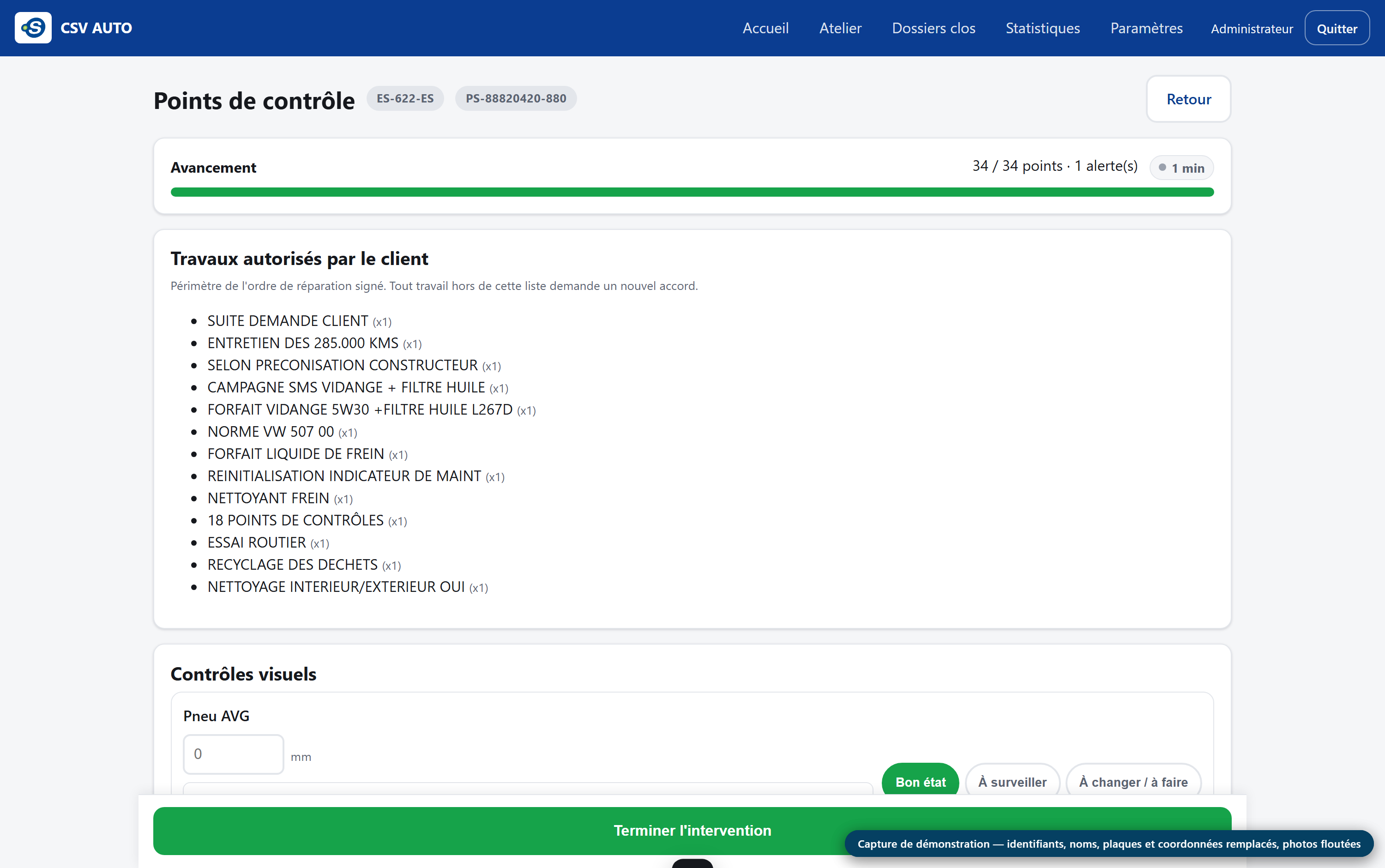 Fiche de contrôle — Les points de contrôle avec leur mesure, leur cotation et une photo possible sur chacun — et, en tête, le périmètre exact des travaux que le client a autorisés.