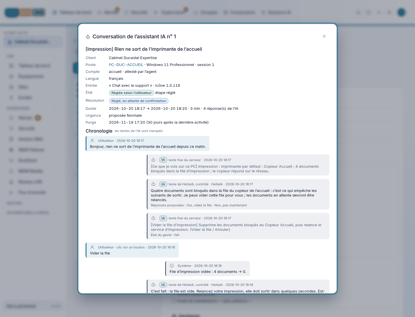 Une conversation de l'assistant de l'icône — Ce que voit le technicien : la demande, les constats sur le poste, le geste accepté et son résultat.