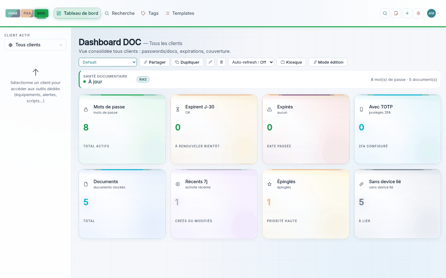 Le tableau de bord DOC — Mots de passe, documents, éléments épinglés et à renouveler, tous clients confondus.