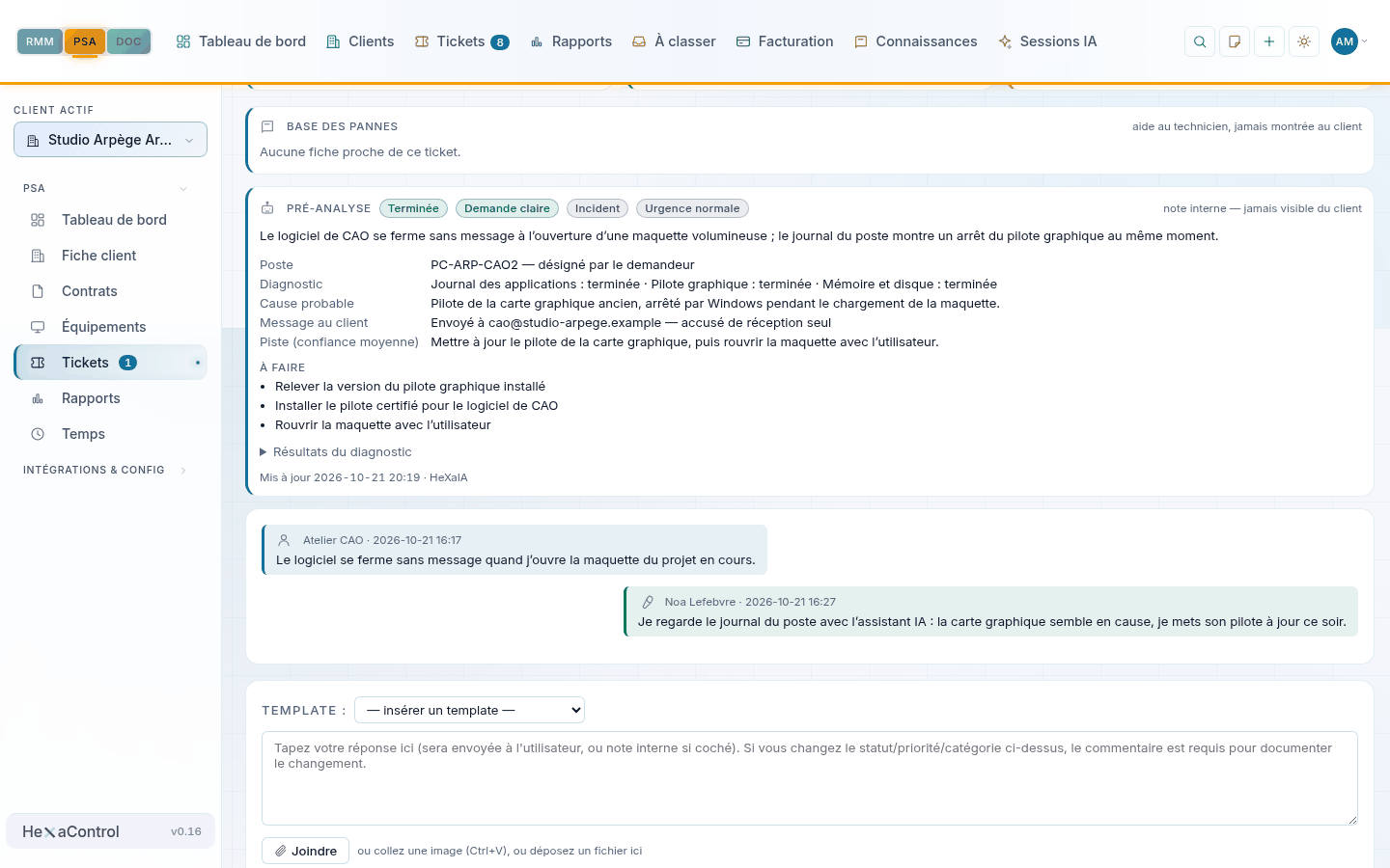 La pré-analyse d'un ticket — Résumé, diagnostic du poste, cause probable et étapes proposées au technicien — jamais visible du client.