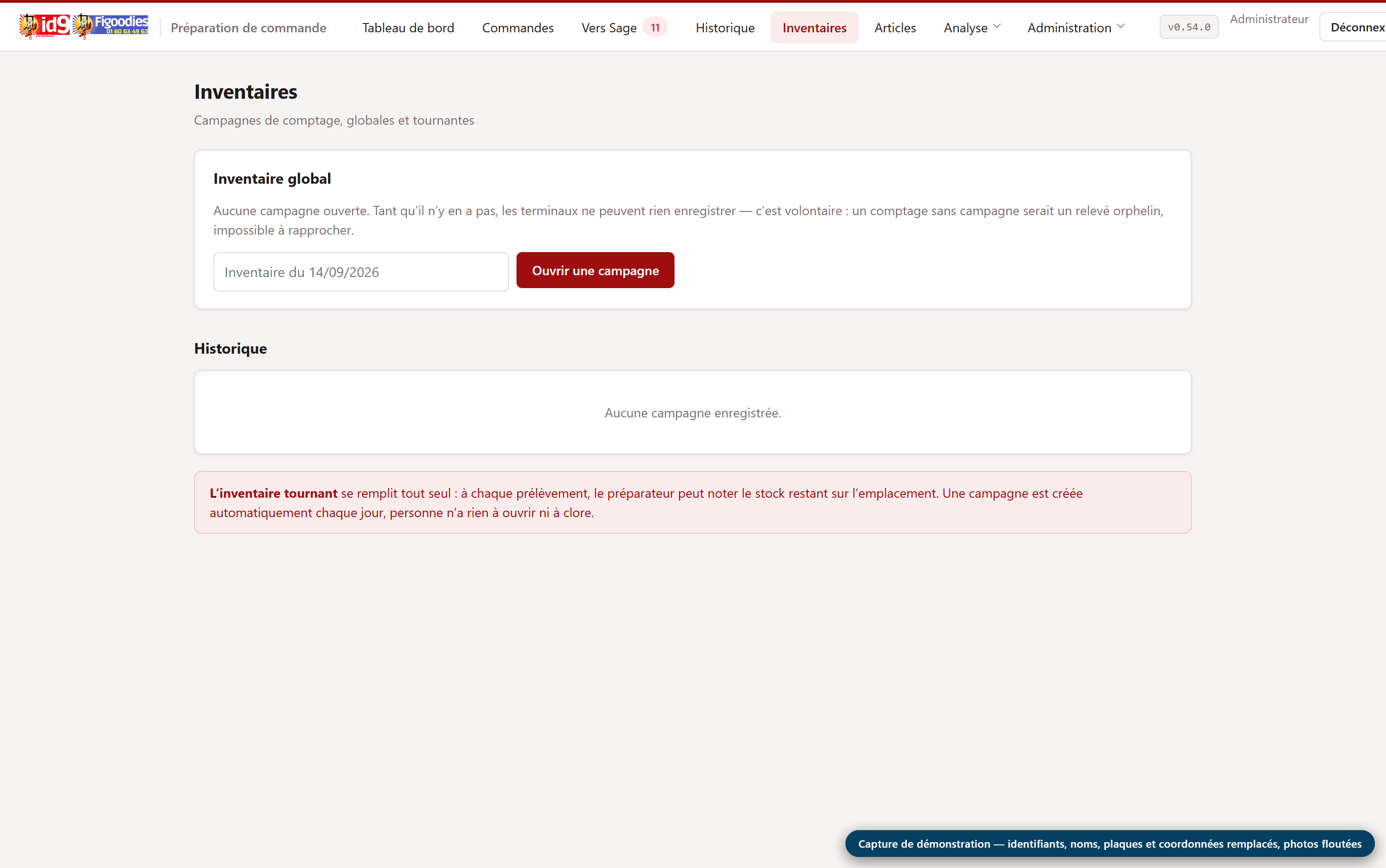 Inventaires — Campagnes globales ou tournantes, écarts constatés, et l'export pour confrontation avec la gestion commerciale.